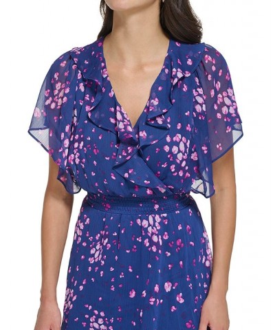 Petite Floral-Print Ruffled Smocked-Waist V-Neck Dress Blue/Raspberry $43.20 Dresses