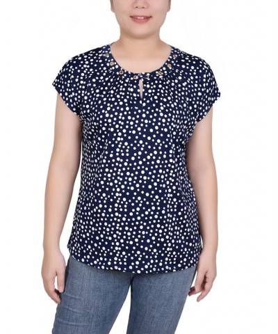 Petite Grommet Neck Knit Short Extended Sleeve Top Navy White Icemoon $23.92 Tops