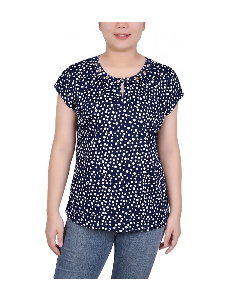 Petite Grommet Neck Knit Short Extended Sleeve Top Navy White Icemoon $23.92 Tops