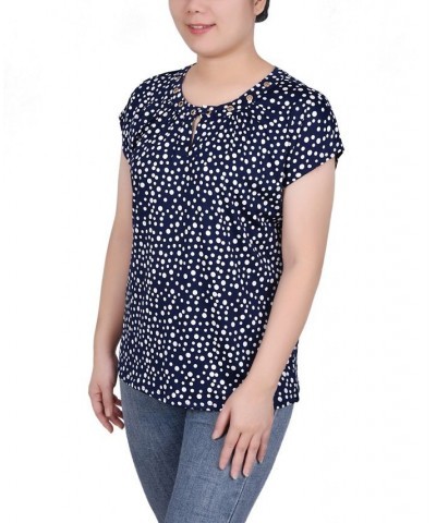 Petite Grommet Neck Knit Short Extended Sleeve Top Navy White Icemoon $23.92 Tops