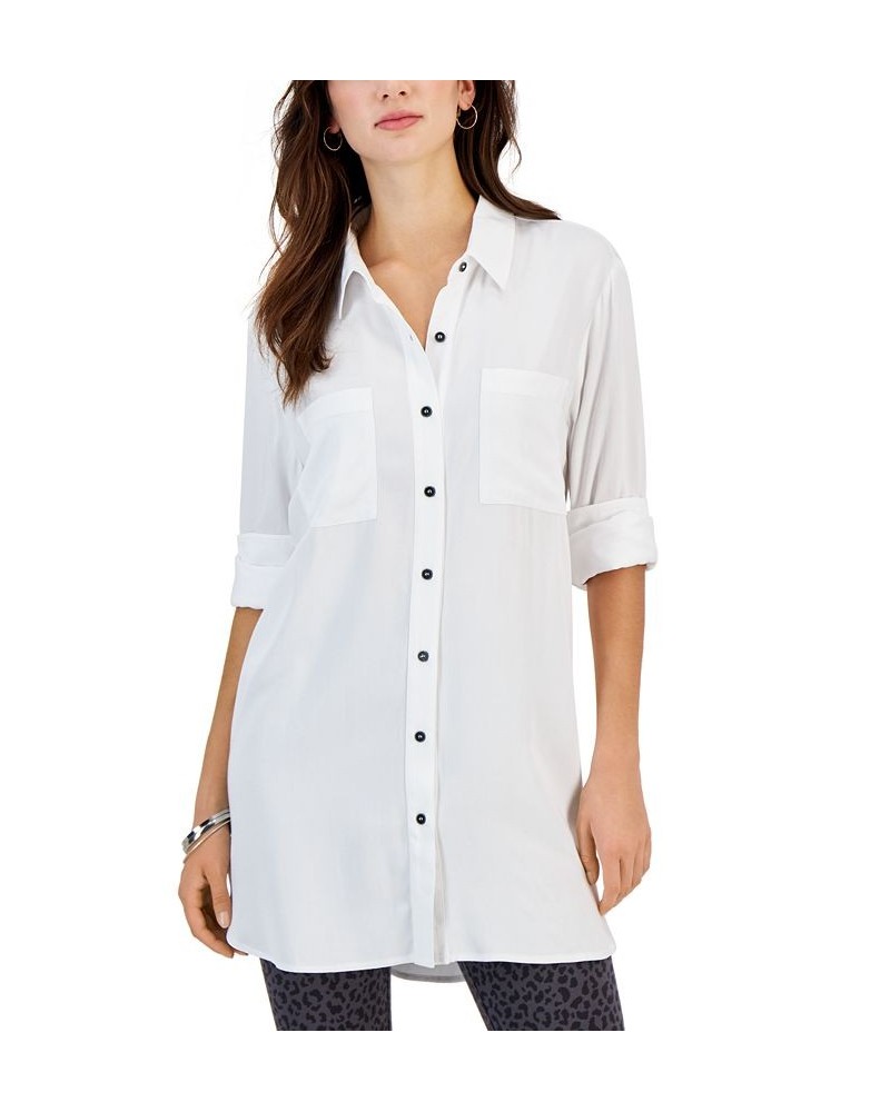 Women's Twill Button-Up Tunic Shirt Bright White $18.68 Tops