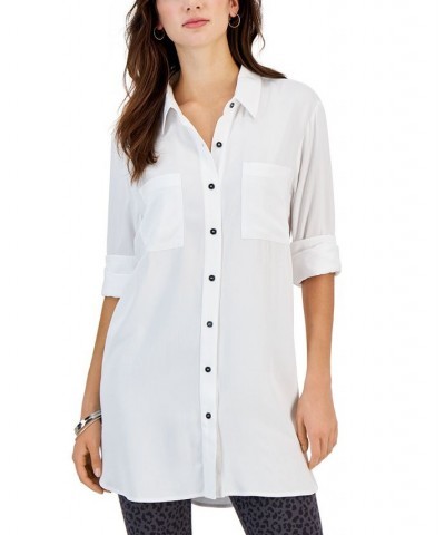 Women's Twill Button-Up Tunic Shirt Bright White $18.68 Tops