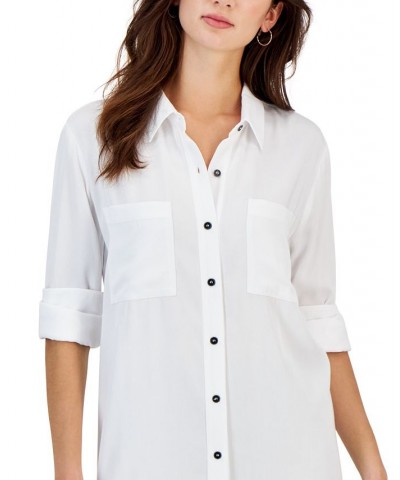 Women's Twill Button-Up Tunic Shirt Bright White $18.68 Tops