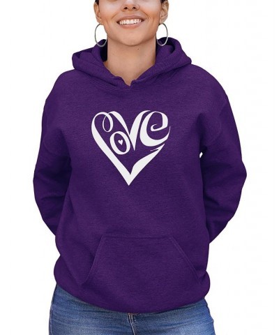 Women's Hooded Word Art Script Love Heart Sweatshirt Top Purple $25.20 Sweatshirts