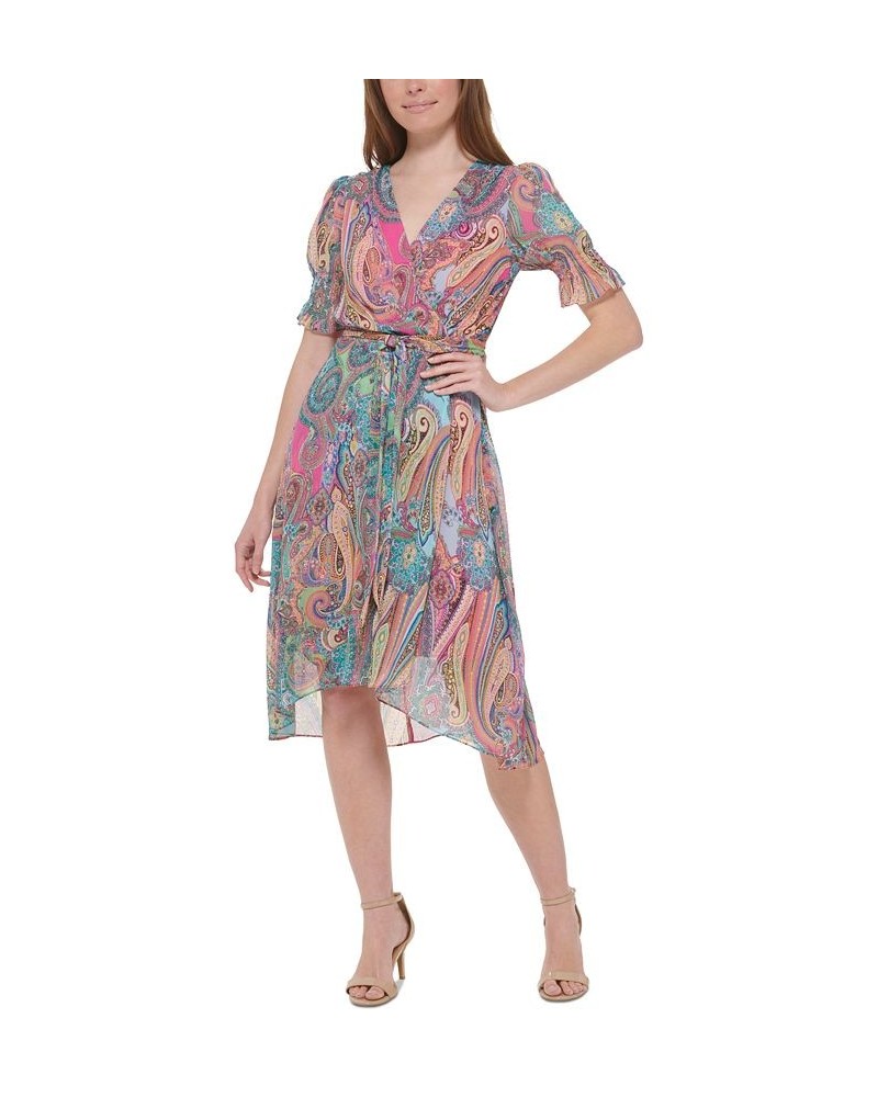 Women's Paisley Print Puff-Sleeve Fit & Flare Dress Hot Pink Multi $36.26 Dresses