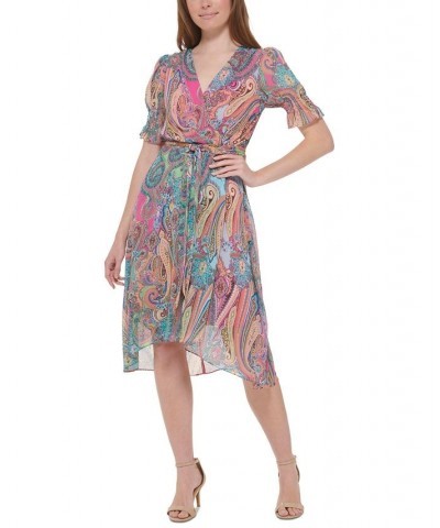 Women's Paisley Print Puff-Sleeve Fit & Flare Dress Hot Pink Multi $36.26 Dresses