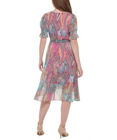 Women's Paisley Print Puff-Sleeve Fit & Flare Dress Hot Pink Multi $36.26 Dresses