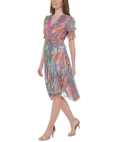 Women's Paisley Print Puff-Sleeve Fit & Flare Dress Hot Pink Multi $36.26 Dresses