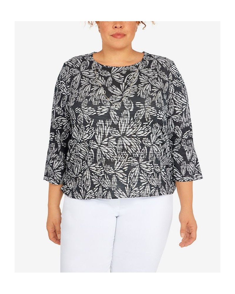 Plus Size Classic Floral Jacquard Butterfly Knit Top with Necklace Black $29.40 Tops