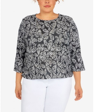 Plus Size Classic Floral Jacquard Butterfly Knit Top with Necklace Black $29.40 Tops