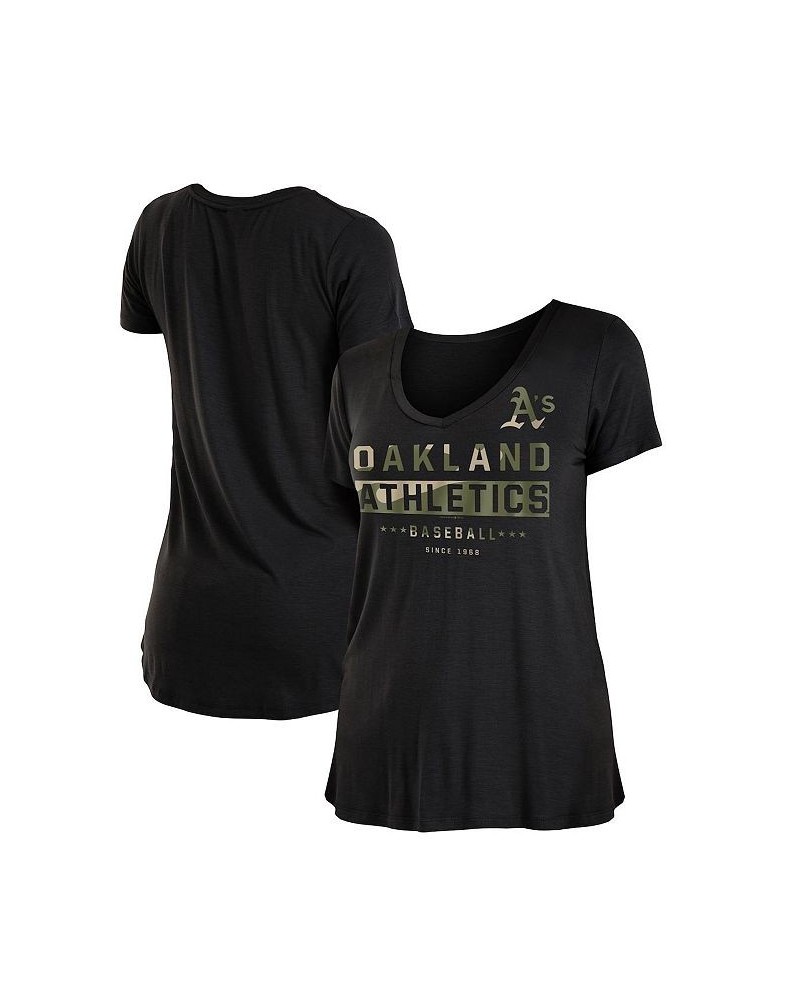 Women's Black Oakland Athletics 2021 Armed Forces Day Brushed V-Neck T-shirt Black $14.26 Tops