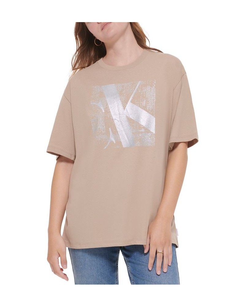 Women's In Glitter Crewneck Logo Tee Tan/Beige $23.03 Tops