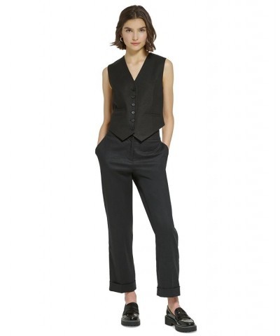 Women's Linen-Blend Cuffed Pants Black $48.51 Pants