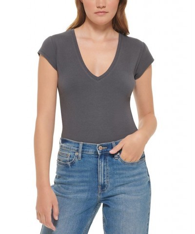 Women's Cap-Sleeve V-Neck Bodysuit Forged Iron $15.16 Tops