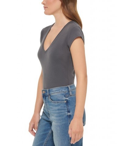 Women's Cap-Sleeve V-Neck Bodysuit Forged Iron $15.16 Tops