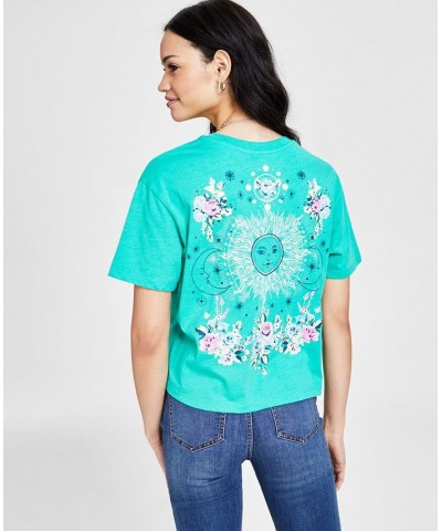 Juniors' Crew-Neck Floral-Celestial-Graphic T-Shirt Vivid Green $10.39 Tops