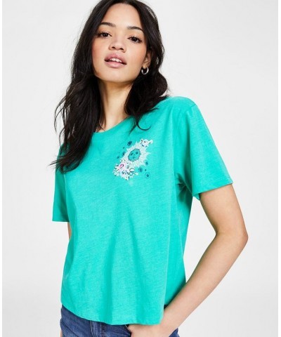 Juniors' Crew-Neck Floral-Celestial-Graphic T-Shirt Vivid Green $10.39 Tops