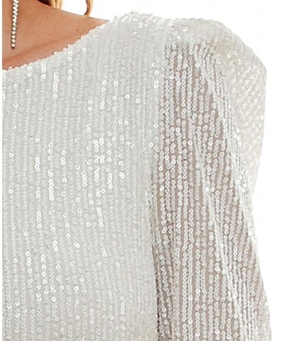 Juniors' Sequin Sheer-Long-Sleeve Leg-Slit Gown White $59.77 Dresses