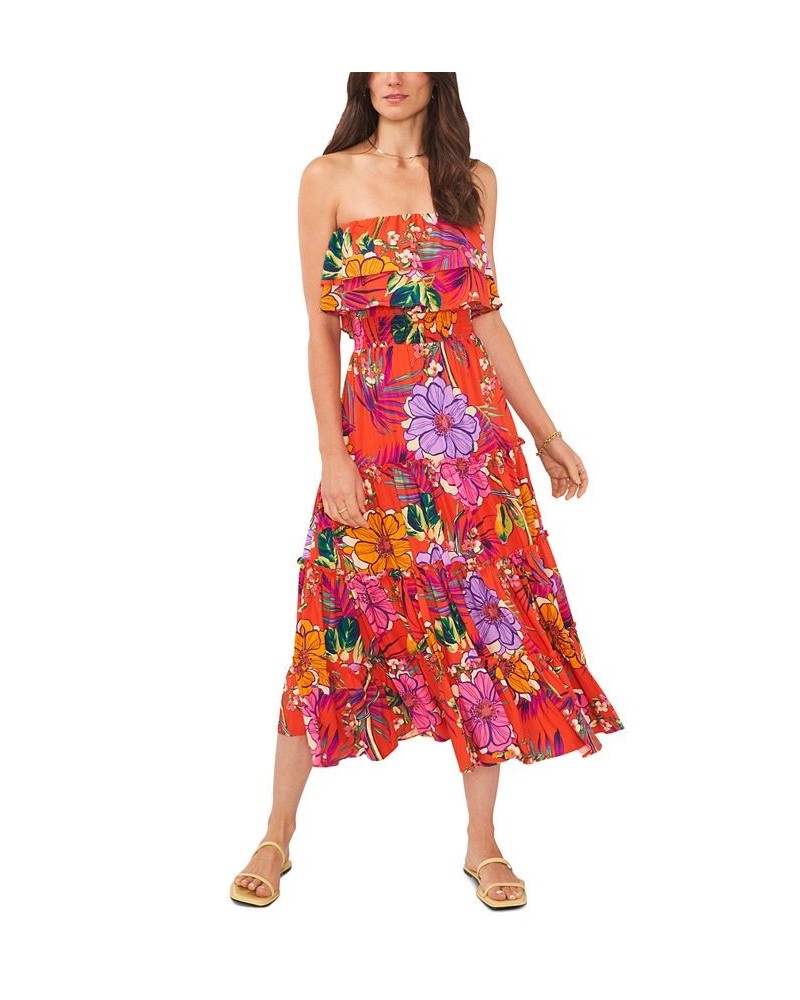 Women's Strapless Smocked-Waist Tiered Maxi Dress Cover-Up Red Multi $42.66 Swimsuits