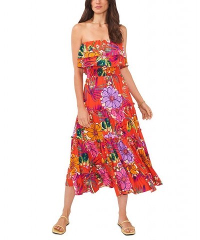 Women's Strapless Smocked-Waist Tiered Maxi Dress Cover-Up Red Multi $42.66 Swimsuits