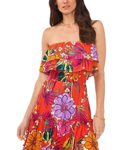 Women's Strapless Smocked-Waist Tiered Maxi Dress Cover-Up Red Multi $42.66 Swimsuits