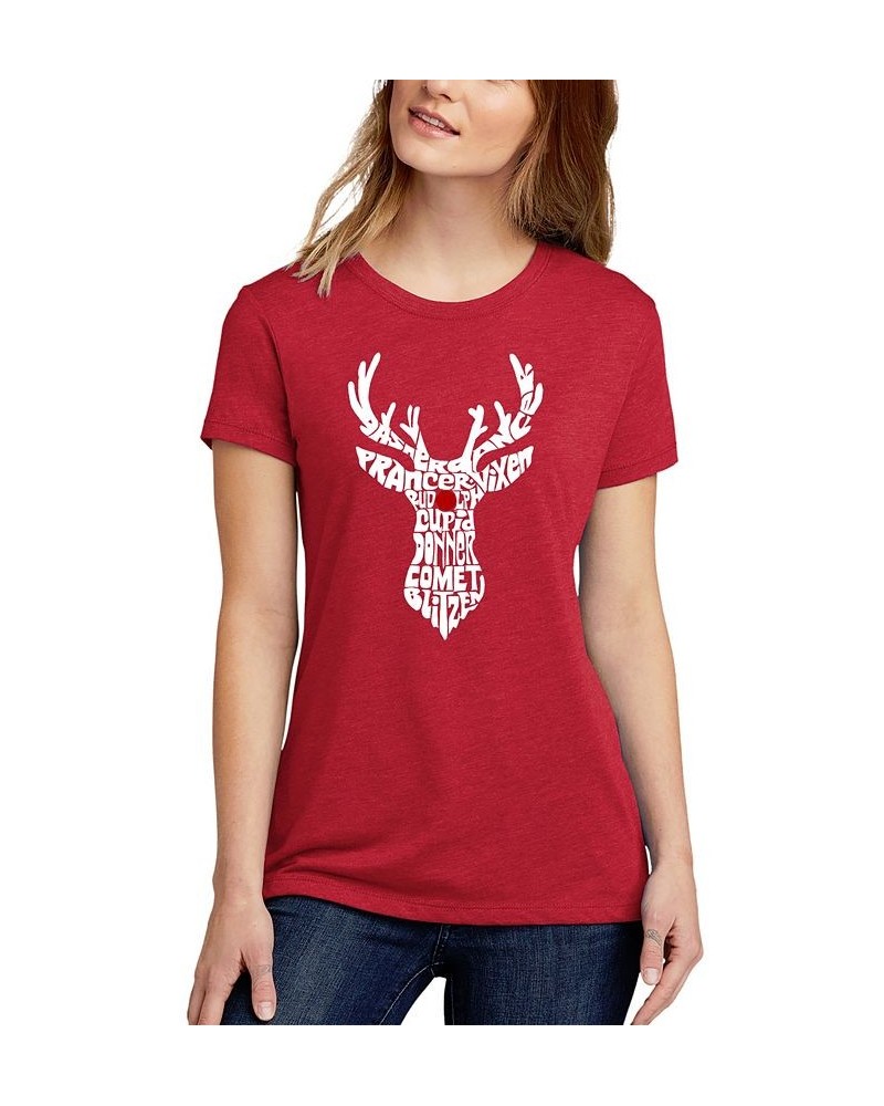 Women's Premium Blend Santa's Reindeer Word Art T-shirt Red $18.86 Tops