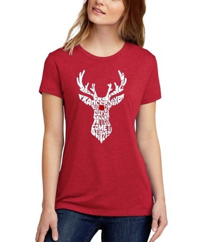 Women's Premium Blend Santa's Reindeer Word Art T-shirt Red $18.86 Tops