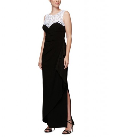 Petite Illusion-Lace Draped Gown Black White $75.24 Dresses