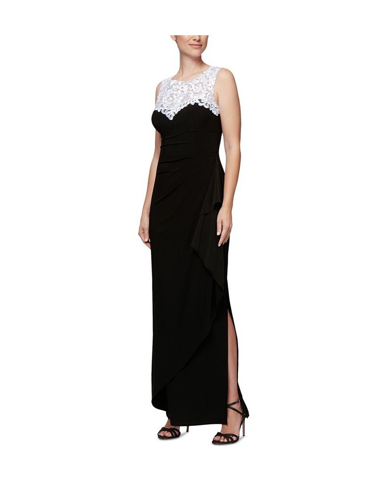 Petite Illusion-Lace Draped Gown Black White $75.24 Dresses