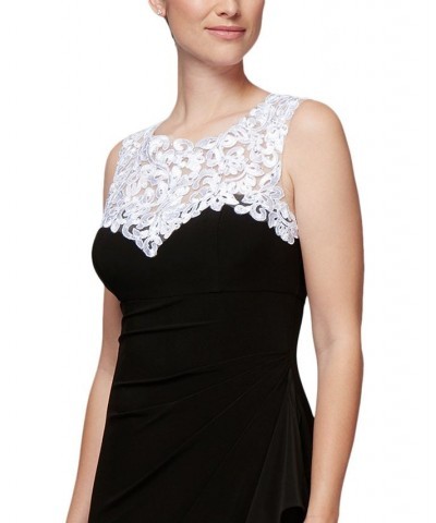 Petite Illusion-Lace Draped Gown Black White $75.24 Dresses