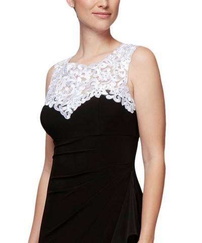 Petite Illusion-Lace Draped Gown Black White $75.24 Dresses