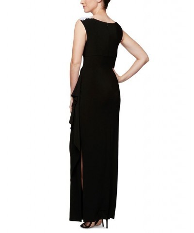 Petite Illusion-Lace Draped Gown Black White $75.24 Dresses