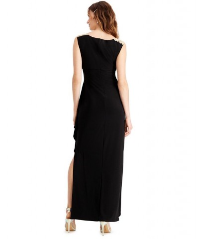 Petite Illusion-Lace Draped Gown Black White $75.24 Dresses