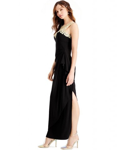 Petite Illusion-Lace Draped Gown Black White $75.24 Dresses