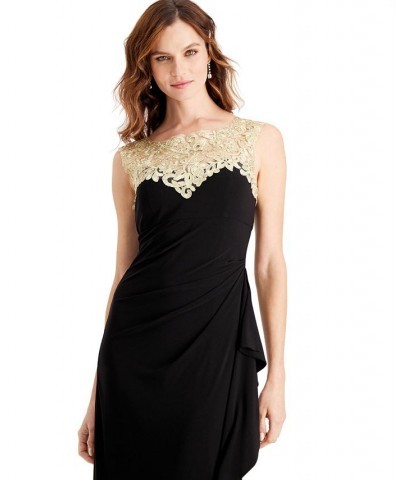 Petite Illusion-Lace Draped Gown Black White $75.24 Dresses