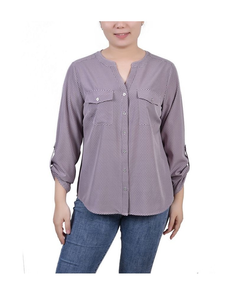 Women's 3/4 Roll Tab Sleeve Mandarin Collar Blouse Sea Fog Black Taranto Dot $13.44 Tops