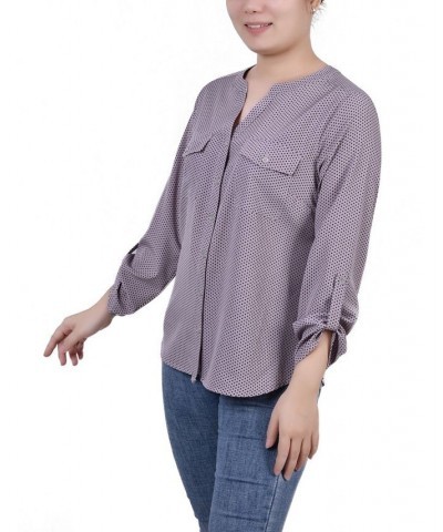 Women's 3/4 Roll Tab Sleeve Mandarin Collar Blouse Sea Fog Black Taranto Dot $13.44 Tops