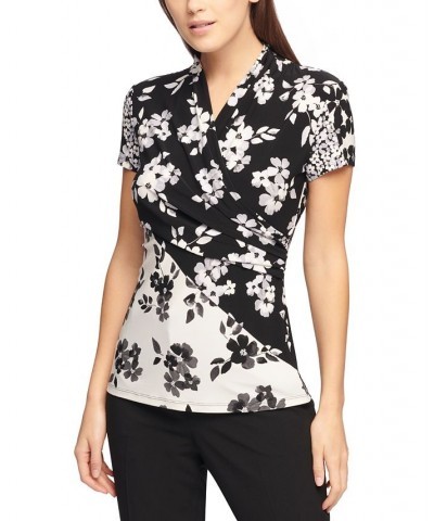 Women's Floral Print Matte Jersey Faux Wrap Top Black/White $23.60 Tops