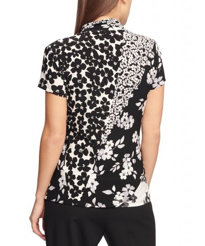 Women's Floral Print Matte Jersey Faux Wrap Top Black/White $23.60 Tops