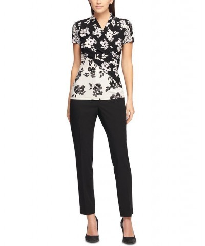 Women's Floral Print Matte Jersey Faux Wrap Top Black/White $23.60 Tops