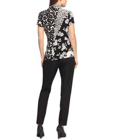 Women's Floral Print Matte Jersey Faux Wrap Top Black/White $23.60 Tops