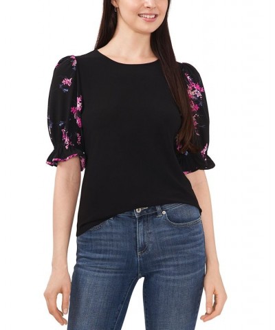 Women's Mixed-Media Puff-Short-Sleeve Top Rich Black $25.42 Tops