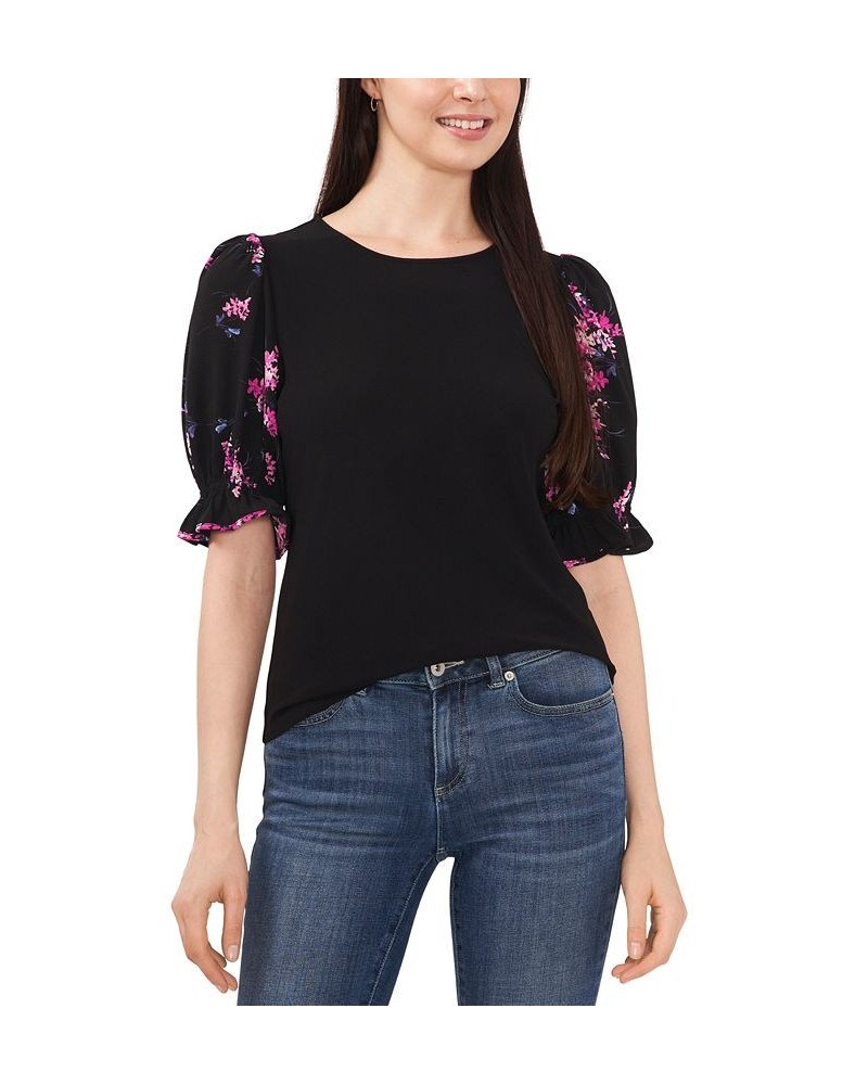 Women's Mixed-Media Puff-Short-Sleeve Top Rich Black $25.42 Tops