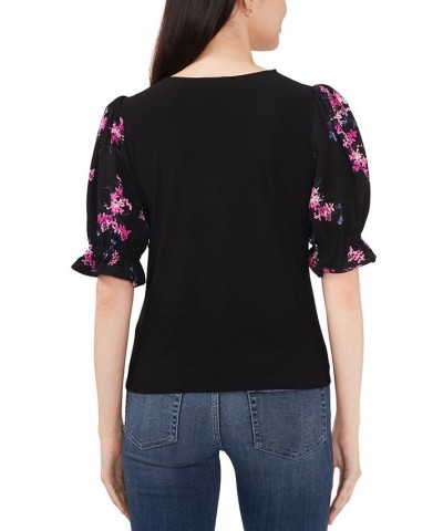 Women's Mixed-Media Puff-Short-Sleeve Top Rich Black $25.42 Tops