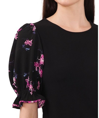 Women's Mixed-Media Puff-Short-Sleeve Top Rich Black $25.42 Tops