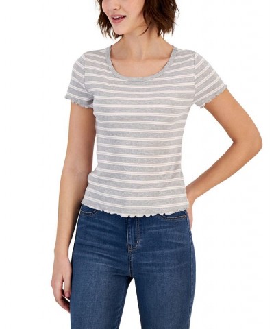 Juniors' Striped Lettuce-Edge Scoop-Neck Top Gray $11.39 Tops