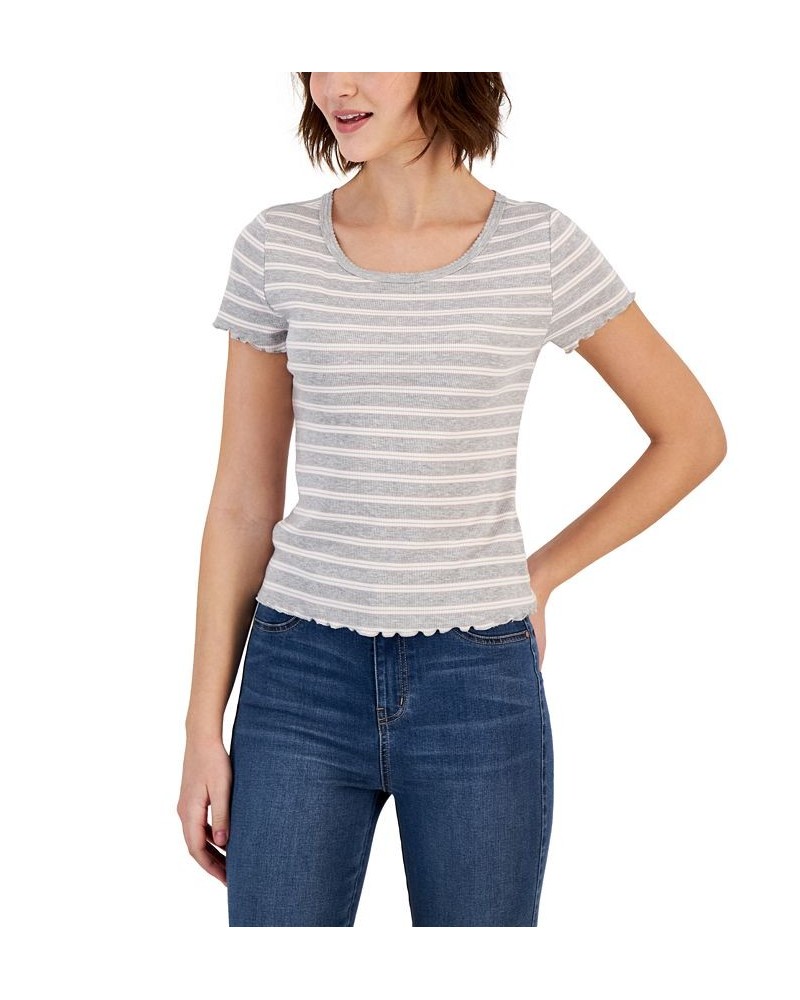 Juniors' Striped Lettuce-Edge Scoop-Neck Top Gray $11.39 Tops