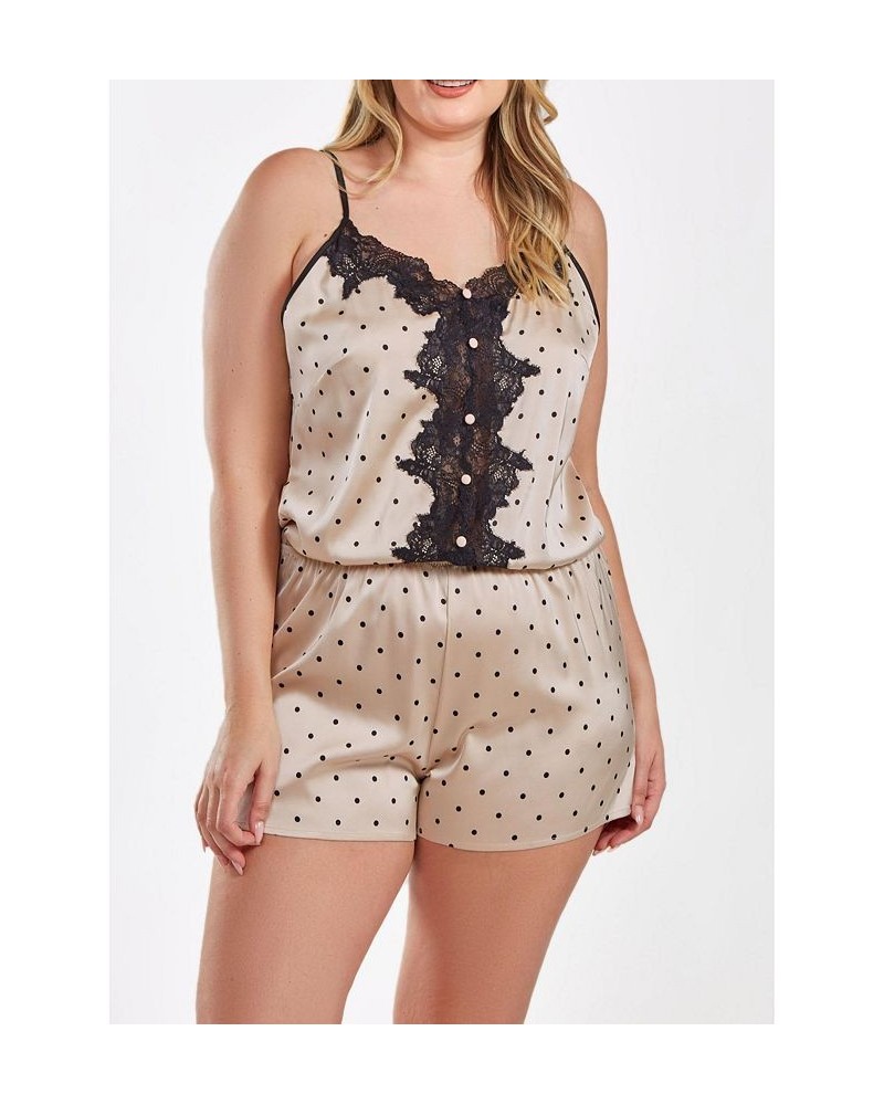 Kareen Plus Size Dotted Satin Romper with Button Down Lace Overlay Beige $37.80 Sleepwear