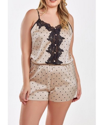 Kareen Plus Size Dotted Satin Romper with Button Down Lace Overlay Beige $37.80 Sleepwear