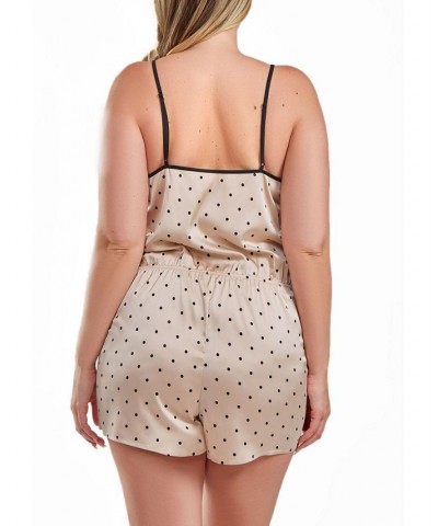 Kareen Plus Size Dotted Satin Romper with Button Down Lace Overlay Beige $37.80 Sleepwear